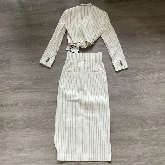 Matching Set - Zara Cropped Striped Blazer with Linen Blend Midi Skirt - Picture 8 of 11